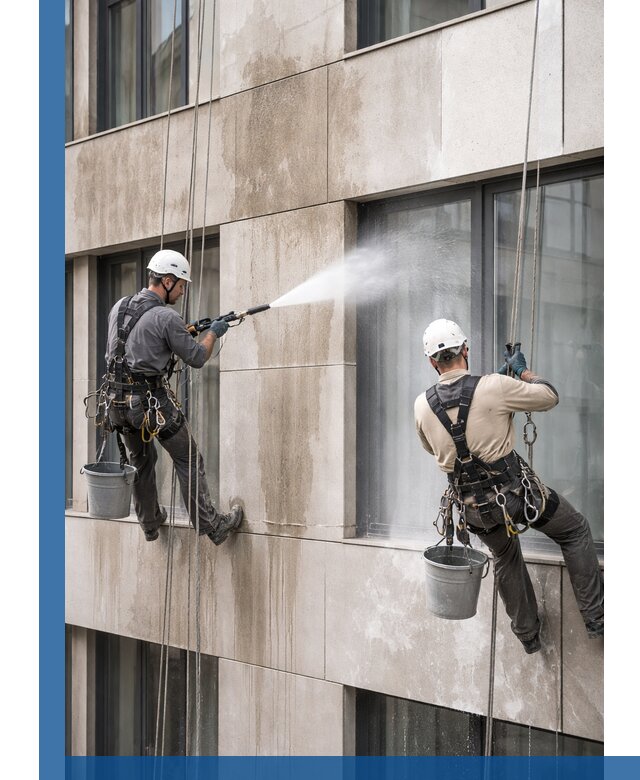 Послестроительная мойка фасада промышленным альпинизмом в Киржаче