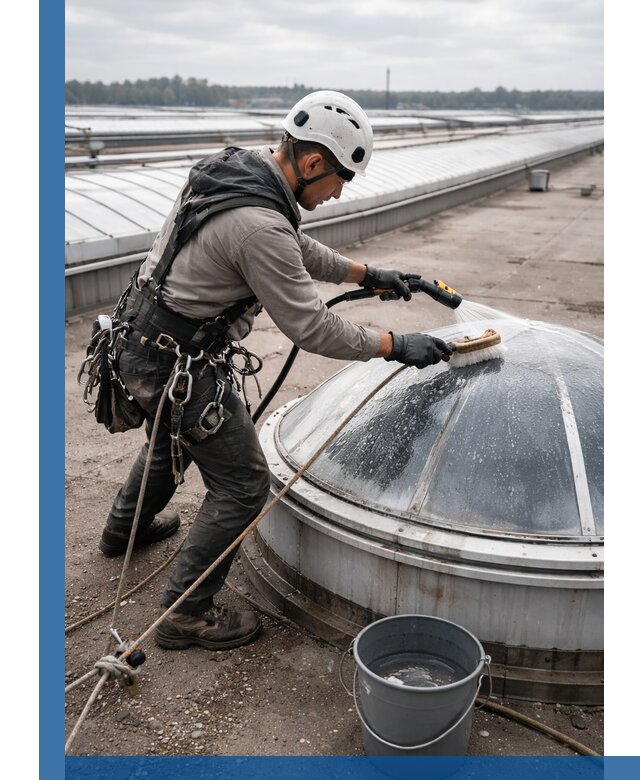 Мойка зенитных фонарей на кровле для промышленных объектов в Киржаче