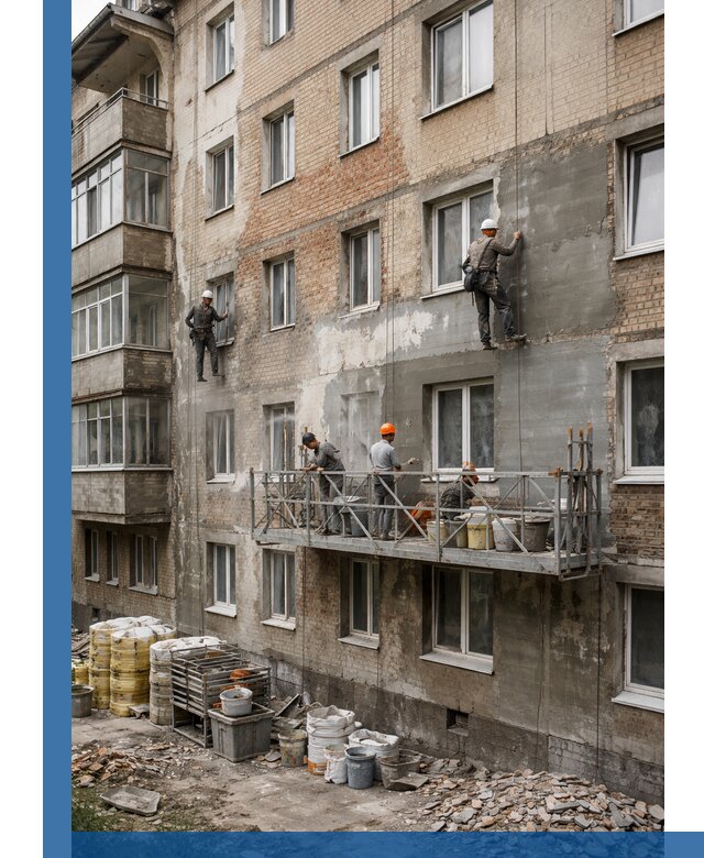 Капитальный ремонт фасада в Киржаче с восстановлением и гидроизоляцией