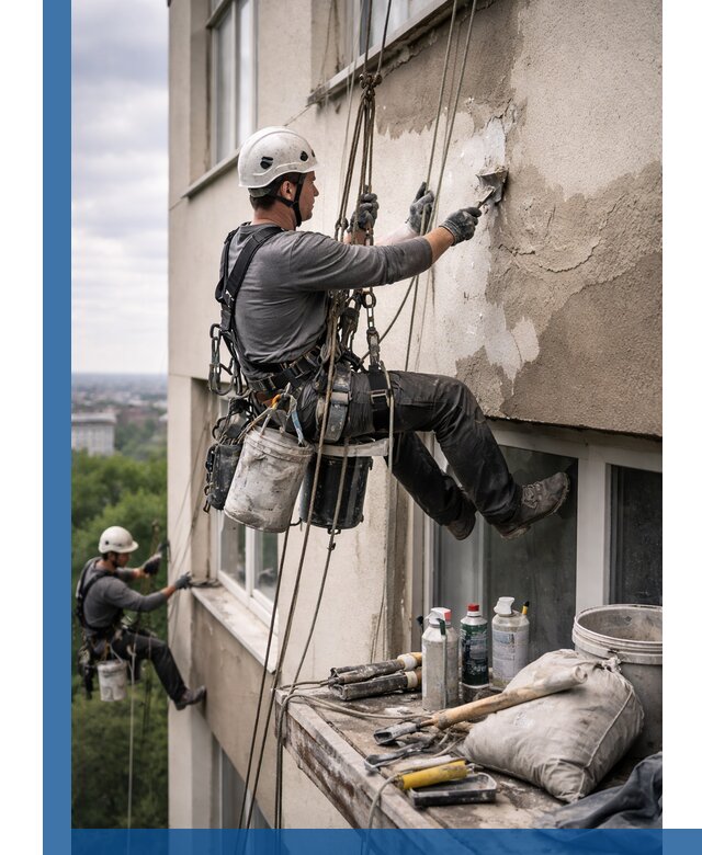 Косметический ремонт фасада зданий в Киржаче промышленными альпинистами