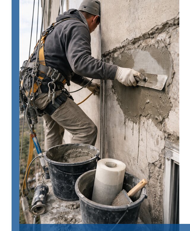 Ремонт бетонных элементов фасада промышленными альпинистами в Киржаче