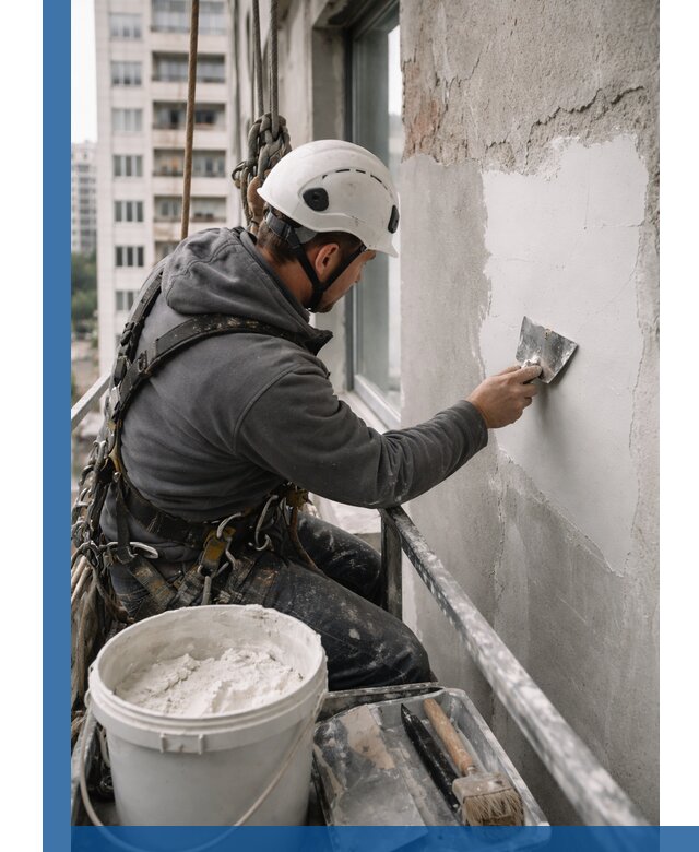 Шпаклевка фасадов на высоте с промальпинистами в Киржаче