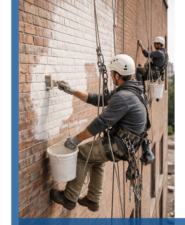 Покраска кирпичного фасада с доступным альпинистским сервисом в Киржаче