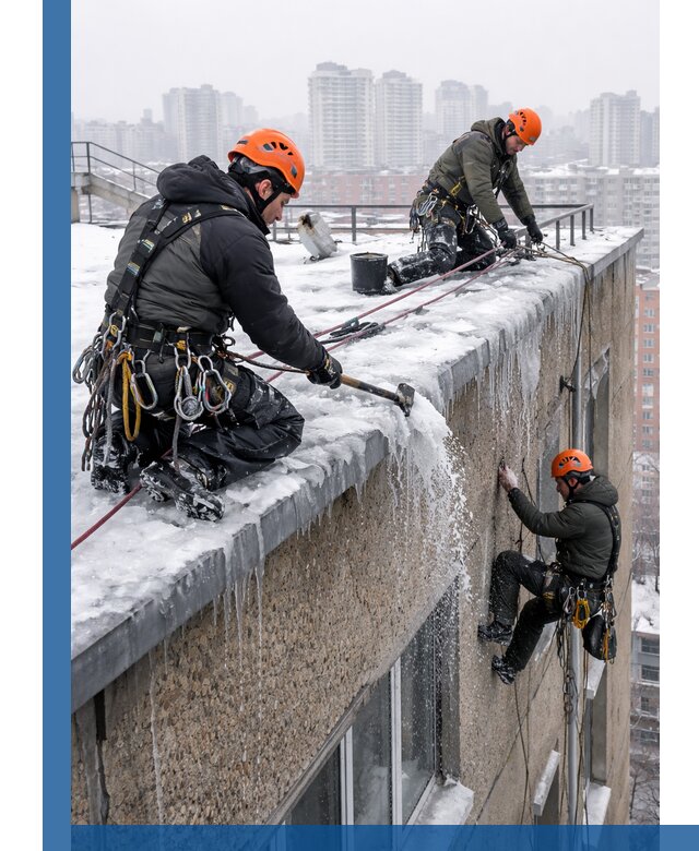 Удаление наледи с кровли в Киржаче промышленными альпинистами