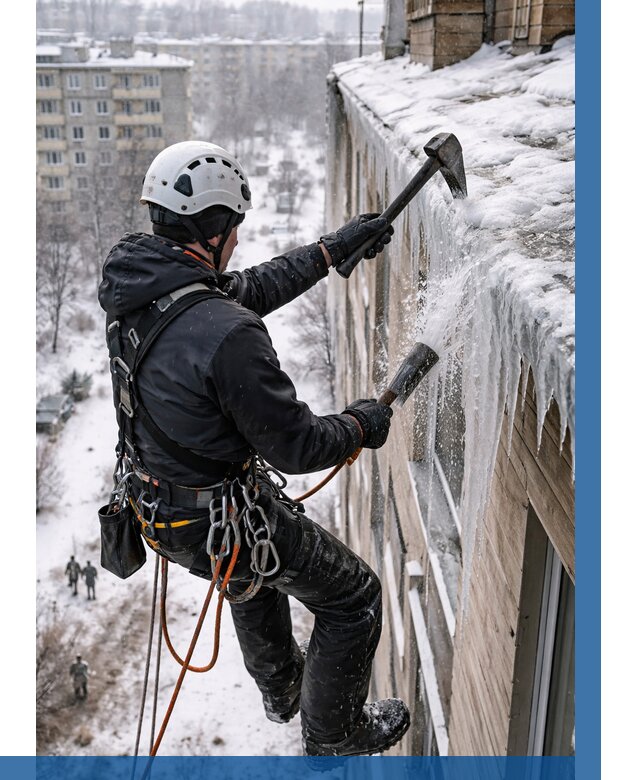 Сбивание сосулек с крыши в Киржаче по цене от 4640 р. | ВЫСОТНИК-Крж