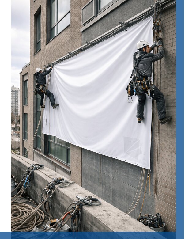 Монтаж баннеров на фасаде в Киржаче от 670 р. заказать ВЫСОТНИК-Крж