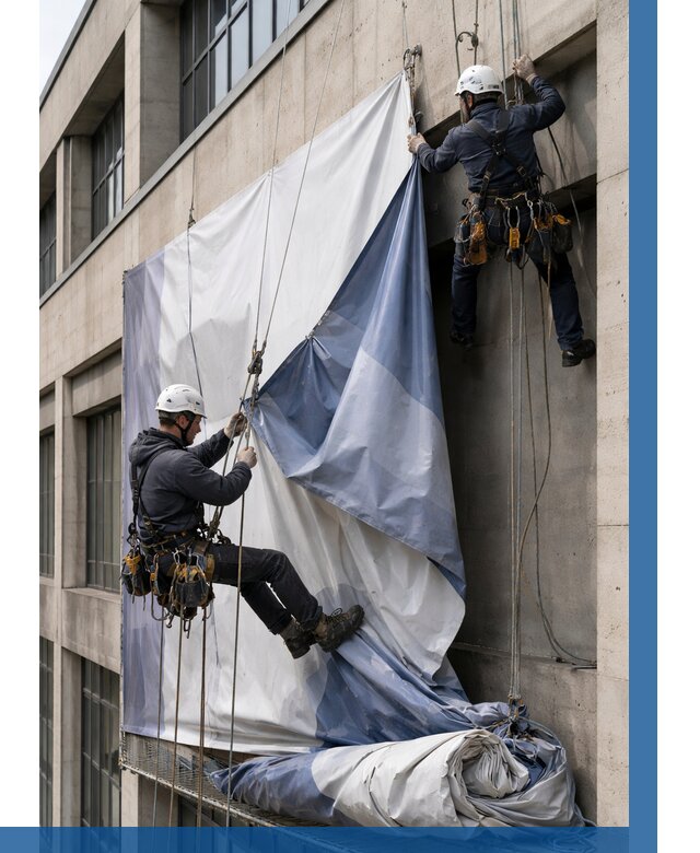 Демонтаж баннеров с фасада в Киржаче от 4640 р. | ВЫСОТНИК-Крж