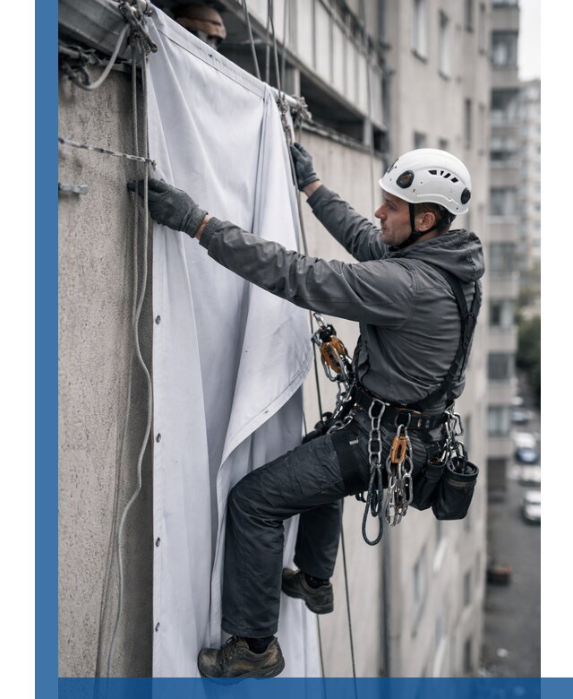 Замена баннерного полотна промышленными альпинистами в Киржаче
