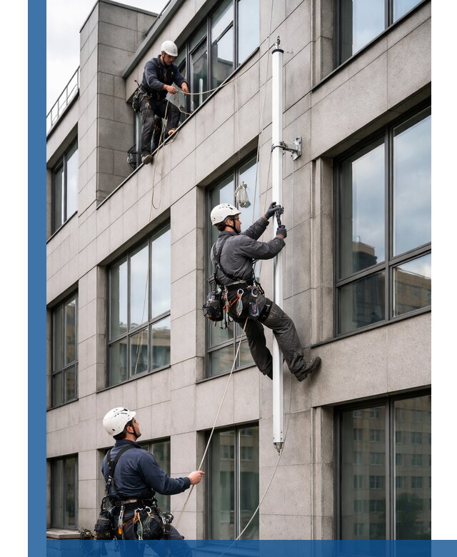 Монтаж флагштока на фасаде здания с креплением и герметикой в Киржаче