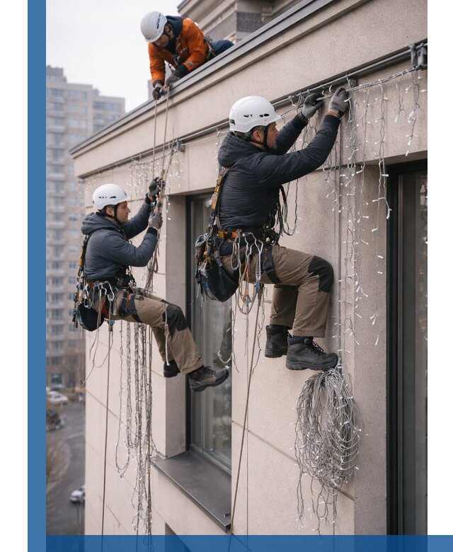 Монтаж праздничных гирлянд на фасаде в Киржаче для зданий