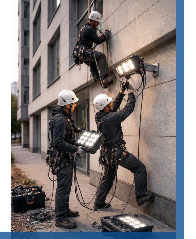 Монтаж прожекторов на фасаде в Киржаче от 7733 р. | ВЫСОТНИК-Крж