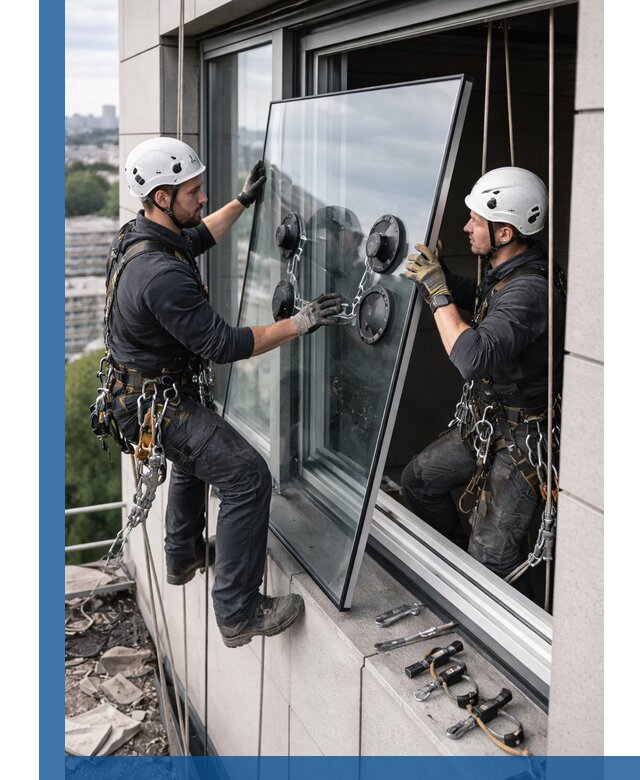 Замена стеклопакетов на высоте с промышленными альпинистами в Киржаче