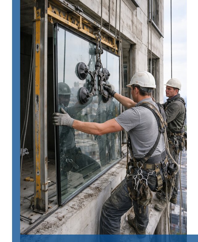 Монтаж стеклопакетов на высоте в Киржаче с промышленным альпинизмом