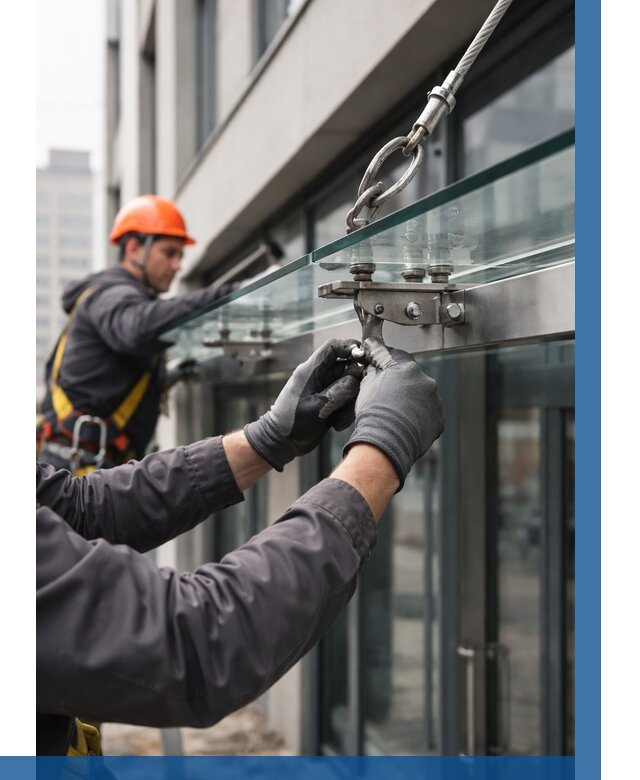 Монтаж стеклянных козырьков в Киржаче от 8764 р. | ВЫСОТНИК-Крж