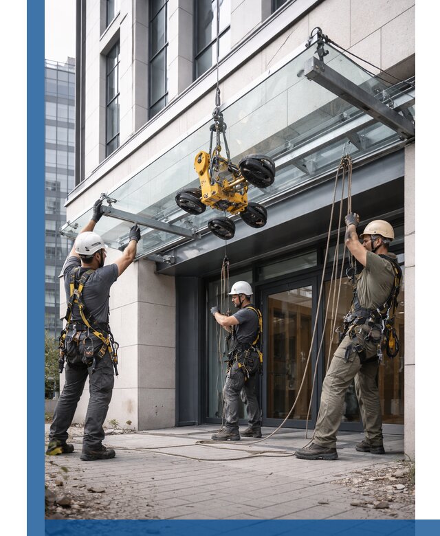 Монтаж стеклянных козырьков под ключ в Киржаче для зданий