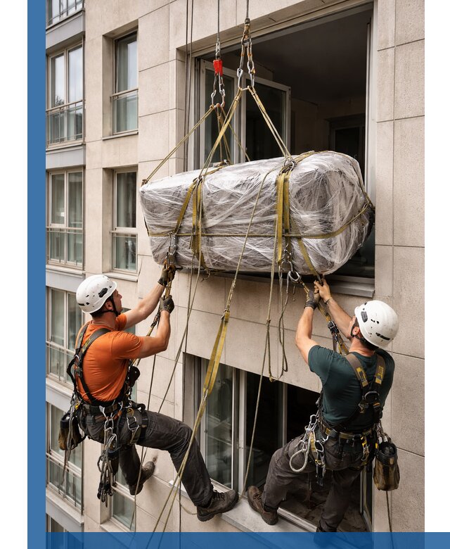 Подъем грузов через окно в Киржаче промышленными альпинистами