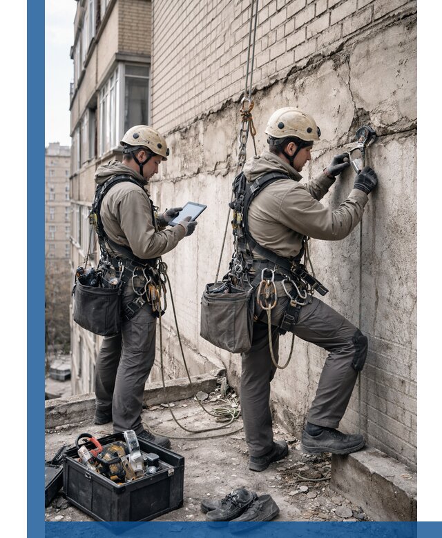 Обследование фасада промышленными альпинистами в Киржаче